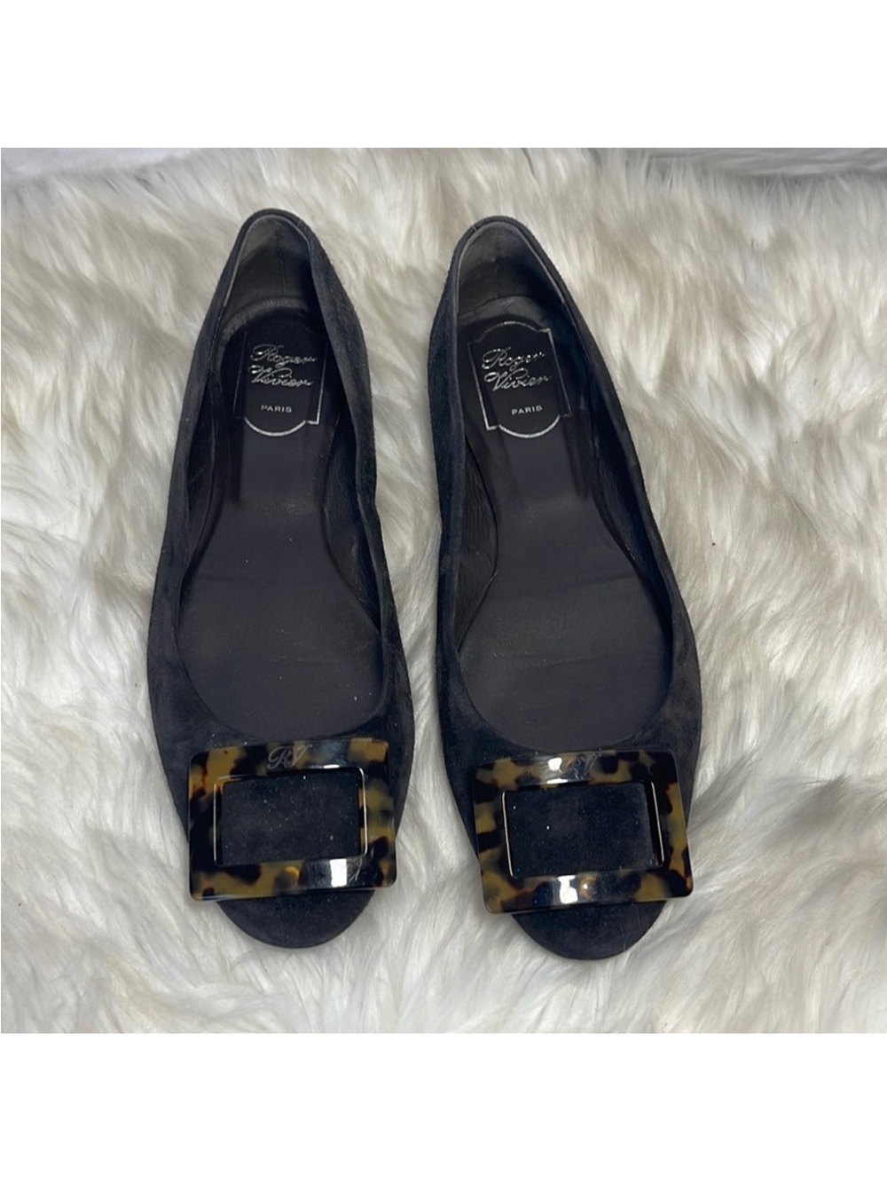 Roger Vivier Black Suede Flats with Tortoiseshell Buckle